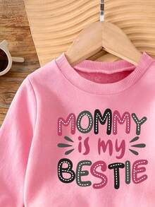 Baby Girl Cartoon Print Round Neck Long Sleeve Warm Sweatshirt And Denim Jeans - Pink - View 3