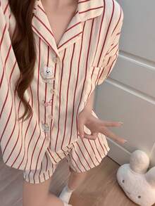 2件組女款睡衣家居服，可愛動物條紋印花短袖短褲，舒適時尚居家穿著 - 彩色 - 查看 2