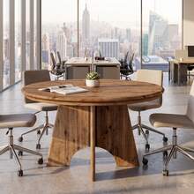 Tribesigns 47" Solid Wood Round Conference Table For 4-6 People, Farmhouse Meeting Table With Thicken Tabletop, Circle Office Table For Conference Room, Breakroom, Training, Negotiation, Brown - A - 查看 5