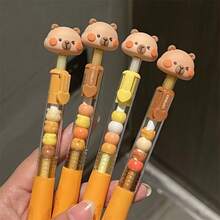 4Pcs Capybara Stackable Card Holder Retractable Gel Pen Set, Healing Milk Cream Style, 0.5mm ST Black Smooth Quick-Dry Ink, 3D Beaded Pen Top, Student Classroom Notes Homework Writing Stationery - Sets - View 7