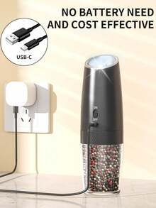 Rechargeable Electric Salt And Pepper Grinder Set, Gravity-Sensing Electric Salt And Pepper Grinder Set, Electric Salt And Pepper Seasoning Shaker Set, Adjustable Coarseness, With LED Light (Black & White), Kitchen Grinding Tool, Suitable For Home Use - Multicolor - View 6