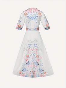 Vestido Casual de Mujer con Estampado Floral Colorido y Ribete en Contraste - Cuello Redondo de Alta Elasticidad, Manga Larga Lavable a Máquina para Todas las Estaciones - amarillo ganso - Ver 2