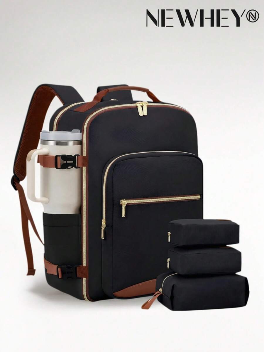 NEWHEY 40L 旅遊後背包,航空公司認可登機包,含 3 個收納袋,TSA 過夜包,防水個人物品包,週末必備後背包,適合 17 吋筆電 - 黑色 - 查看 1