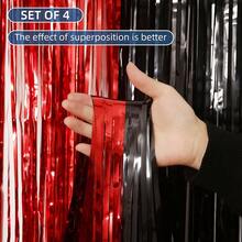 4pcs Red & Black Metallic Foil Fringe Curtain, 3.28x6.56ft Metallic Fringe Photo Backdrop For Halloween Party, 80s Retro Disco Decor, Casino Night Red Carpet Event, Texas Tech Party Decor, Graduation Ceremony Decor 2026 - View 3
