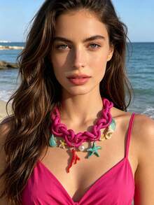 imoli 1 Stück/Y2K Bohemian Sommer Ozean Stil Dickes Seil Handgefertigte gewebte Seestern Koralle Muschel Anhänger Halskette für Frauen, geeignet für Strandurlaub Party Schmuck Geschenk - 32435-nek-rose red-EP - Übersicht 3
