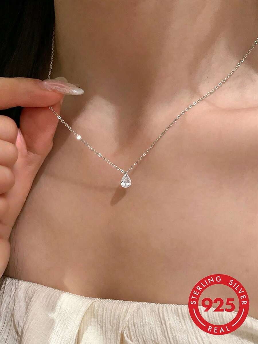 1件水滴形鋯石吊墜鎖骨項鍊，S925純銀流蘇鎖骨項鍊，優雅女款日常派對穿搭，禮物