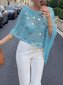 Top de punto de verano para mujer, estilo casual, color verde oscuro liso, hombros holgados, estilo bohemio, adecuado para playa y vacaciones - Azul 3 - Ver 8