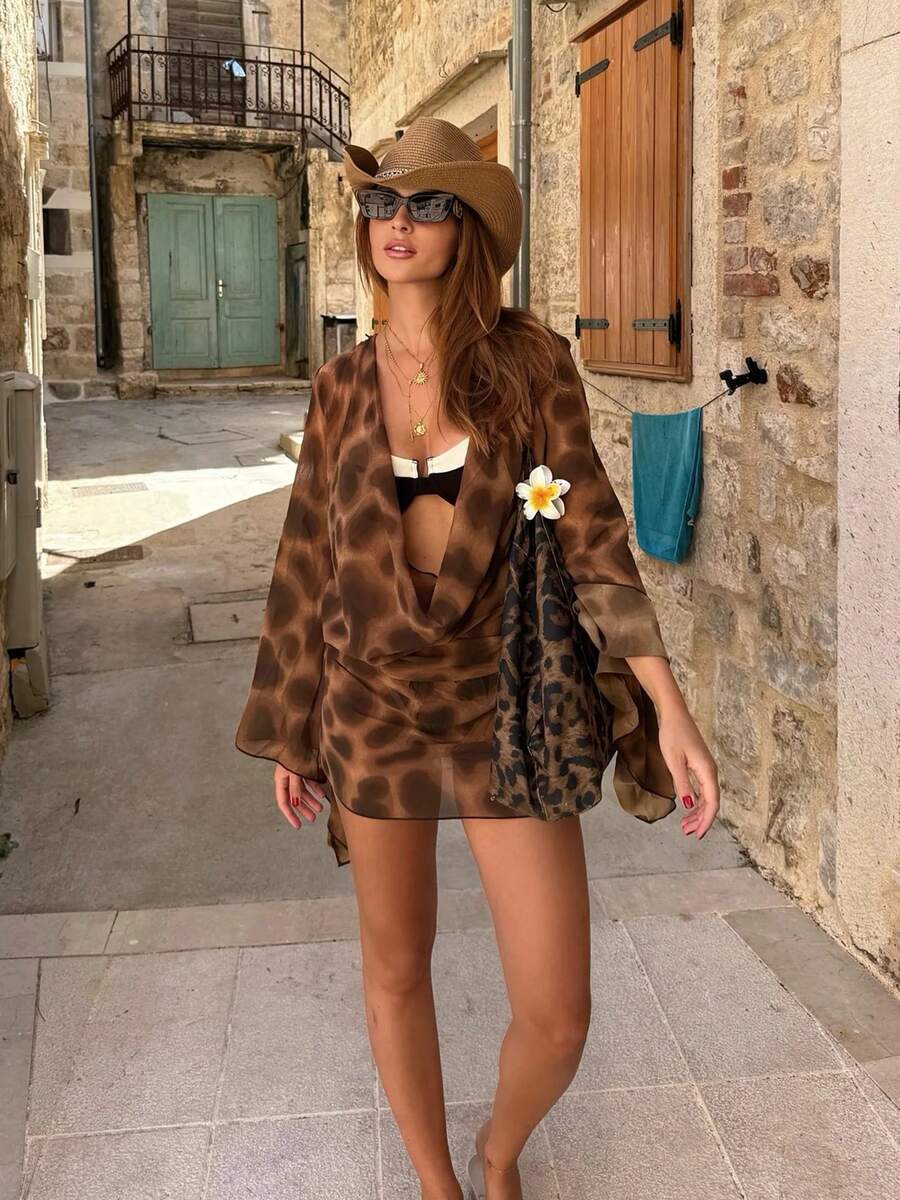 2026 otoño moda estilo callejero escotado escote pronunciado estampado de leopardo manga acampanada mujeres playa vacaciones vestido C95 - Marrón claro - Ver 1