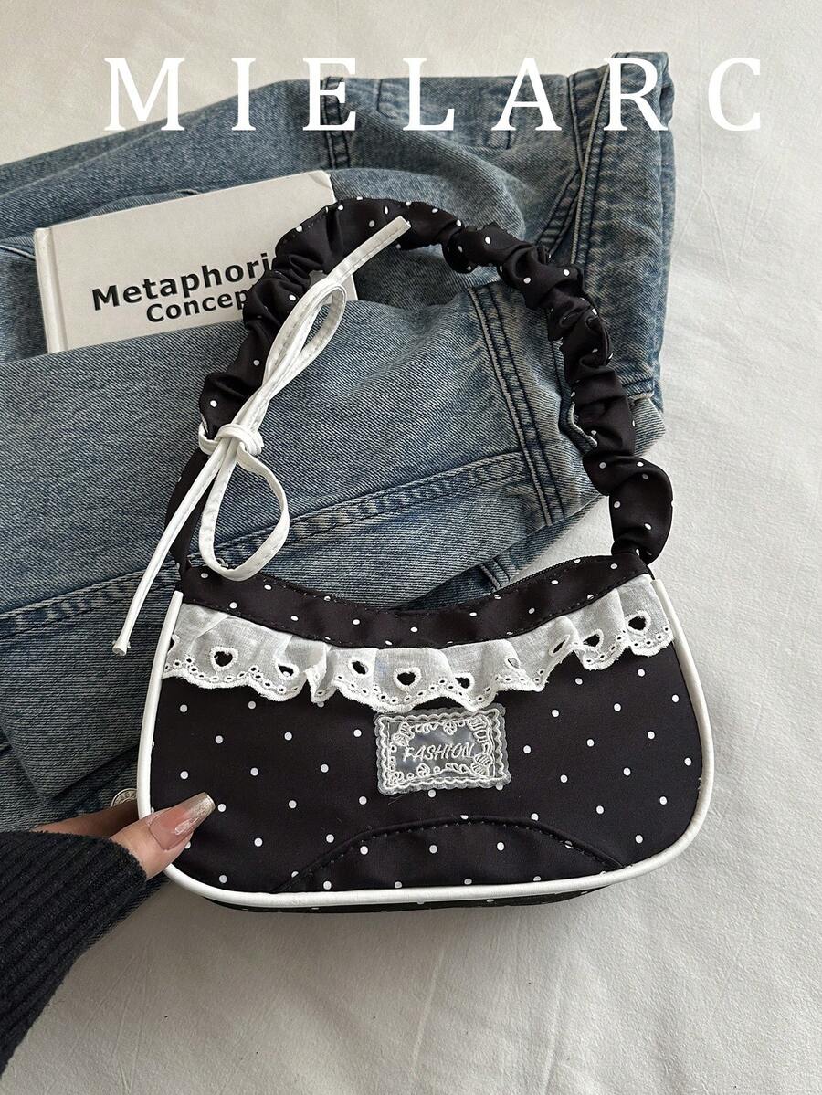 Fashion Pleated Polka Dot Lace Trim Handheld Shoulder Underarm Bag