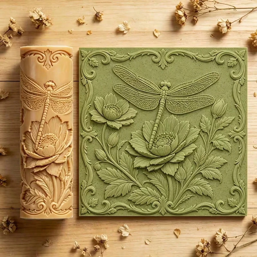 1pc Dragonfly Peony Texture Roller | Polymer Clay Embossing Tool, High Detail 3D Texture, Suitable For Soft Pottery, Ceramics, Coasters, Jewelry Making, Durable Handmade Seals, Festival Gifts, Art Designs And Enthusiasts, Embossing Stick - Apricot - View 1