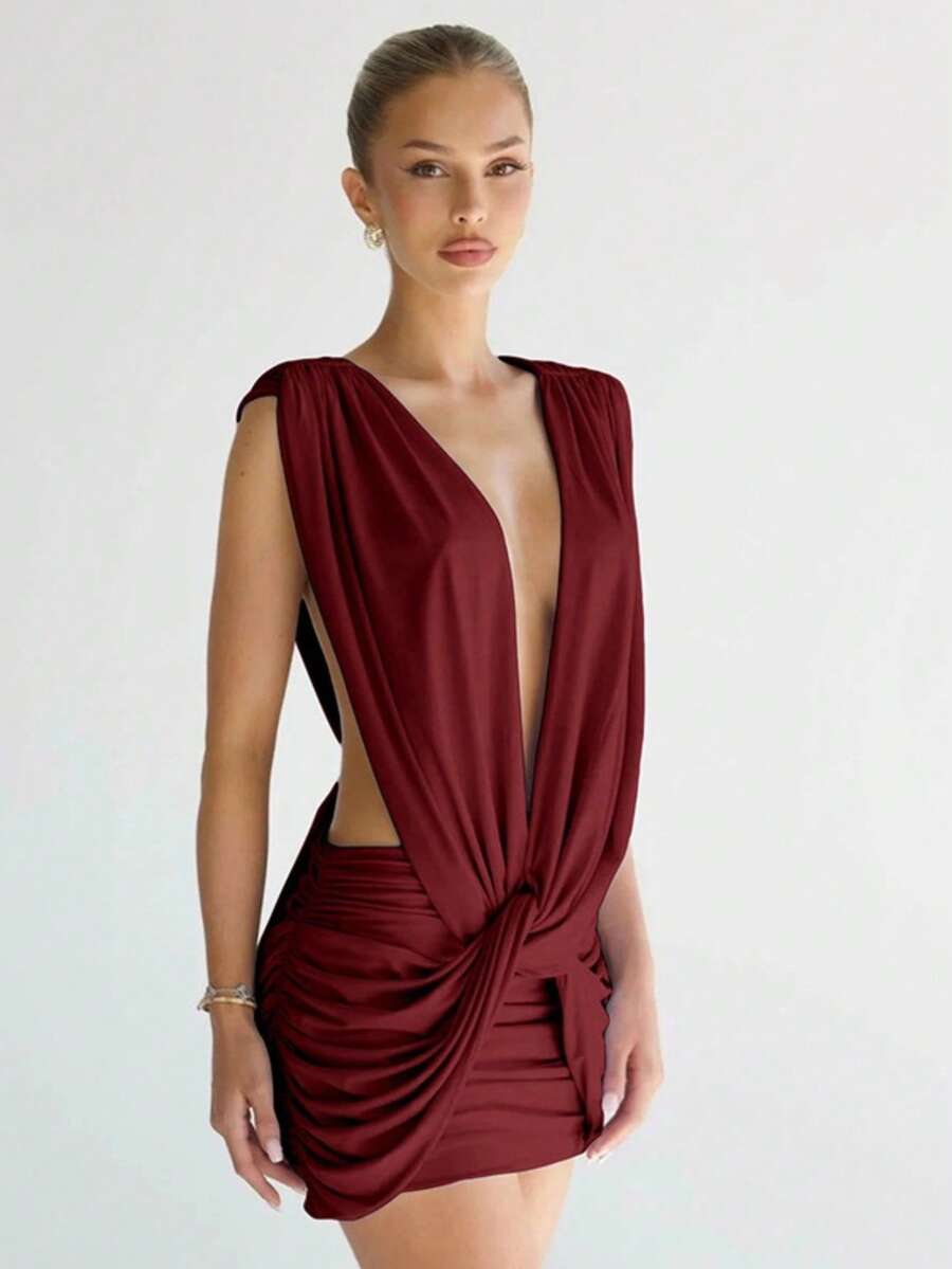 Short Plain Dress With Knots And Pleats New - Red - View 1