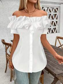 Talla Grande - Talla Grande - Camiseta de Mujer de Talla Grande, Color Sólido, Volantes y Hombros Descubiertos, Manga Corta - Blanco - Ver 3