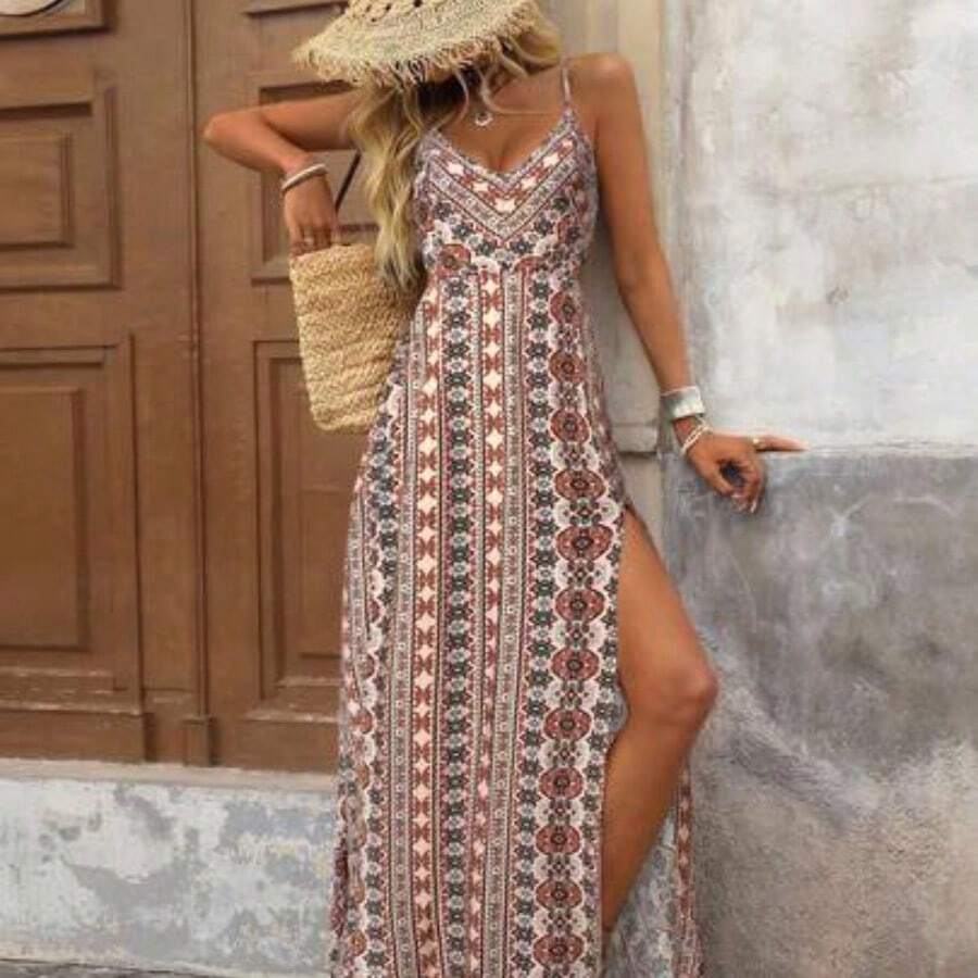xuehuamaoyi02 Vestido de verano casual y romántico para vacaciones, con tirantes finos y rayas, en color marrón - Naranja - Ver 1
