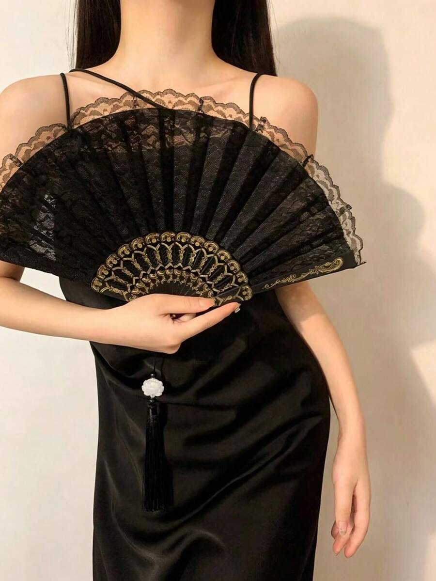 1件女用黑色流蘇手扇,雙層蕾絲舞蹈時尚摺疊扇 - 黑色 - 查看 1