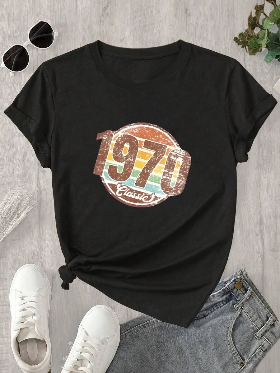 Camiseta de manga corta y cuello redondo para mujer con estampado de logotipo de los años 70, apta para todas las estaciones. - Negro - Ver 1