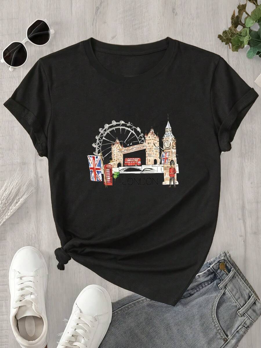 Camiseta de manga corta con cuello redondo para mujer, con estampado de antena Rondon colorido y con efecto desteñido, apta para todas las estaciones. - Negro - Ver 1