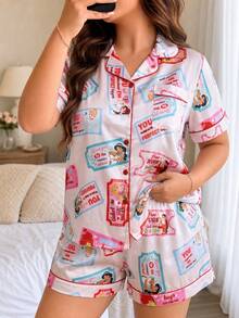 2 Pieces Plus-Size Women's Pajama Set, Featuring A Disney Princess Print Collared Pajama Top And Shorts, Casual Loungewear. - Multicolor - View 1