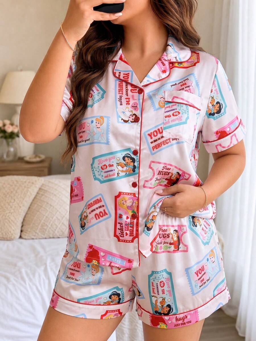 2 Pieces Plus-Size Women's Pajama Set, Featuring A Disney Princess Print Collared Pajama Top And Shorts, Casual Loungewear. - Multicolor - View 1