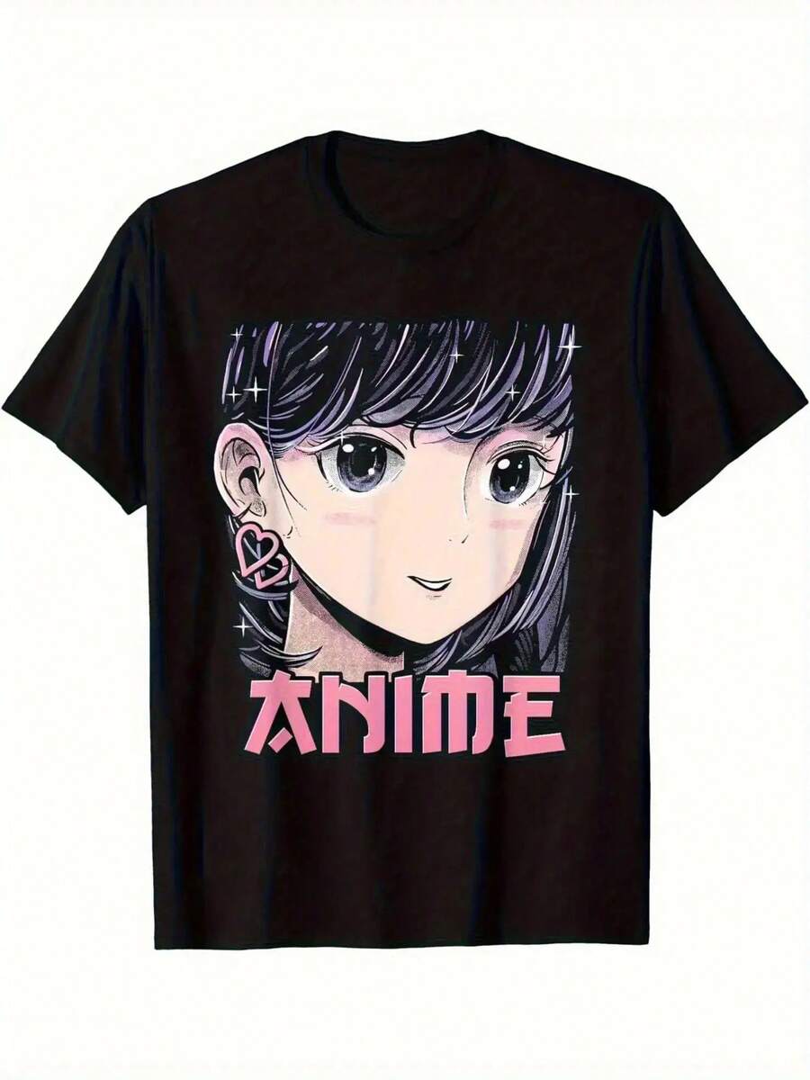 Women's Shirts. Unisex Anime Print T-Shirt Featuring Anime Character Avatars In Pink Font. Anime Fan Clothing, Soft Fabric, Suitable For All Seasons. Basic Casual Urban Style Clothing, Versatile For All Seasons, Affordable For Everyday Wear And A Perfect Gift For Fans And Friends. Women's Casual Summer Blouse, Women's Prom Dresses - 黑色 - 查看 1