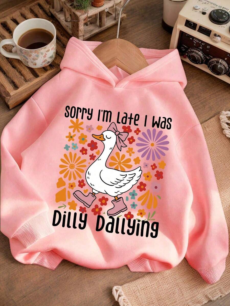 Baby Girl Cartoon Print Hooded Warm Sweatshirt - Pink - View 1