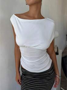 Women's Asymmetric Neck Ruched Top Sleeveless Off-Shoulder Bodycon Blouse For Night Out - White - View 1