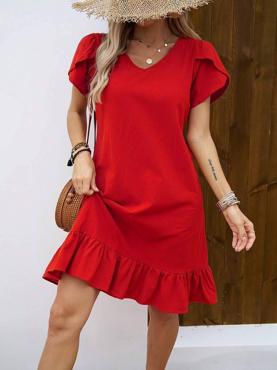 Women's Dress With V-Neck, Shell Sleeves And Ruffles - 象牙白色 - 查看 1