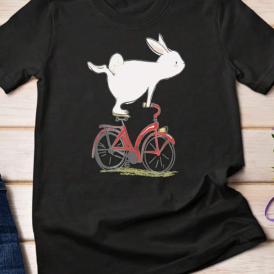 Cute Bunny Rabbit On Bike Cycling BCycle T-Shirt - Negro - Ver 1