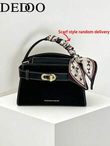 Dedoo Fashionable High-End Litchi Grain Women's Handbag, Minimalist With Decorative Adjustable Shoulder Strap, Crossbody Bag, Refined Metal Lock Closure, Magnetic Snap Closure Multi-Functional Lightweight Tote Bag, Minimalist Solid Color Handbag, Durable PU Material Women's Shoulder Bag, Suitable For Gifting Friends, Shopping, Dating, Business Travel, Vacation (Scarf Style Random) - Black - View 2