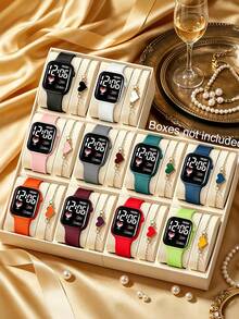 20pcs Set, Sports Girls Square Electronic Watch + Multi-Color Heart Chain Bracelet, Couple, Fashion Accessories (No Box) - Multicolor - View 4