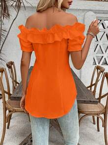 Talla Grande - Talla Grande - Camiseta de Mujer de Talla Grande, Color Sólido, Volantes y Hombros Descubiertos, Manga Corta - Naranja - Ver 2