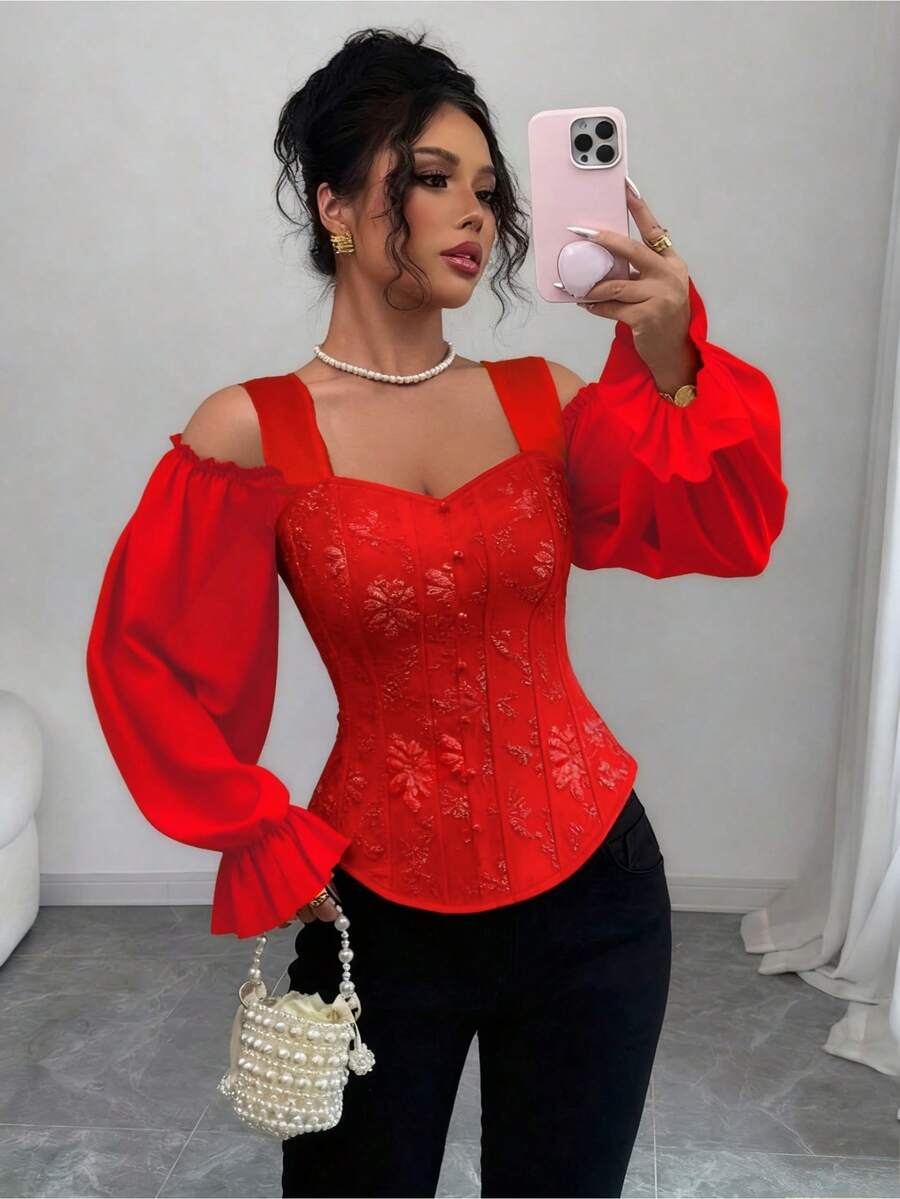 Fashionable Open-Style Design With Long Floral Jacquard Sleeves And Adjustable Shoulder Straps - [紅色的] - 查看 1