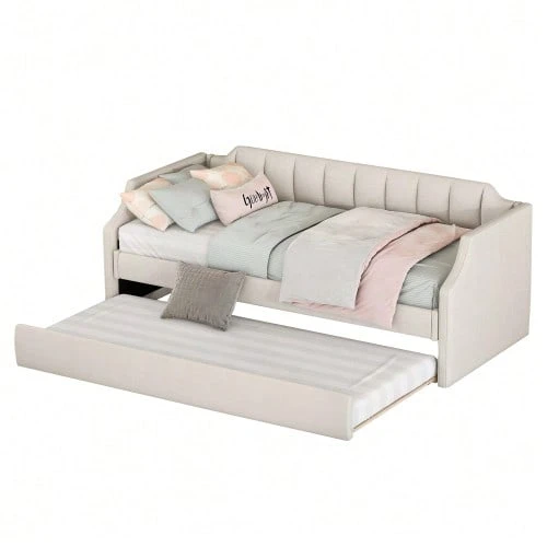 90 X 200(190) DAY Beds, Upholstered Single Daybed With Rollaway Bed - Beige - View 1