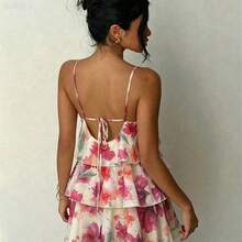 yonghongmaoyi1 Vestido elegante de verano con estampado floral, cuello halter y volantes en el bajo para mujer - Amarillo claro - Ver 5