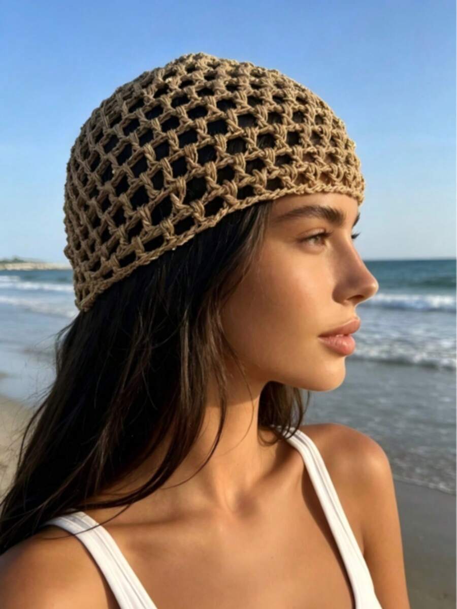 1pc Fashion Casual Versatile Solid Color Hollow Out Small Sequin Knit Beanie - Multicolor - View 1