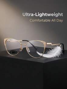 1PC Women's Premium Rhinestone Bling Bling Textured Dual-Tone Metal Modern Retro Cat Eye New Glasses Frame, Daily Commute All-Season Glasses Accessory First Choice Computer Glasses, Suitable For Back To School And Indoor/Outdoor Wear - Transparent white blue light - View 1
