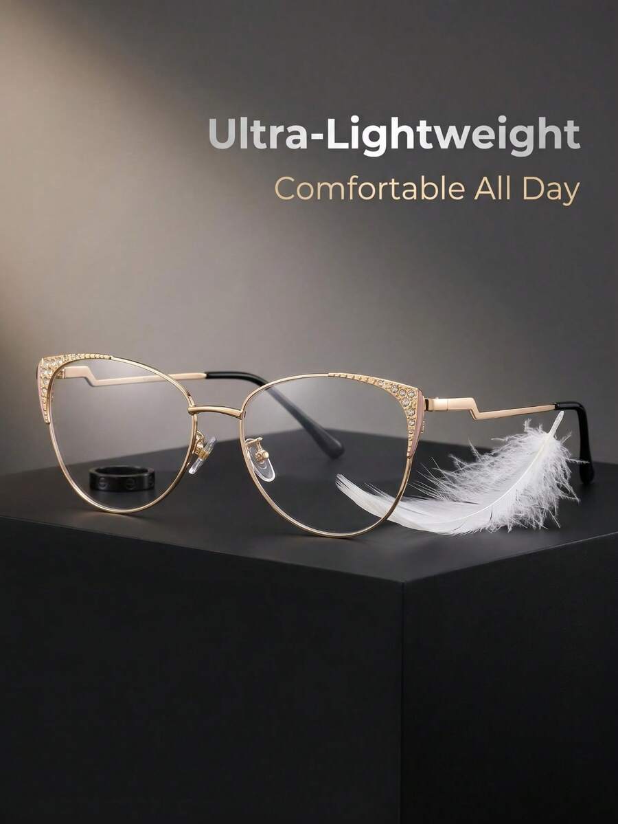 1PC Women's Premium Rhinestone Bling Bling Textured Dual-Tone Metal Modern Retro Cat Eye New Glasses Frame, Daily Commute All-Season Glasses Accessory First Choice Computer Glasses, Suitable For Back To School And Indoor/Outdoor Wear - Transparent white blue light - View 1