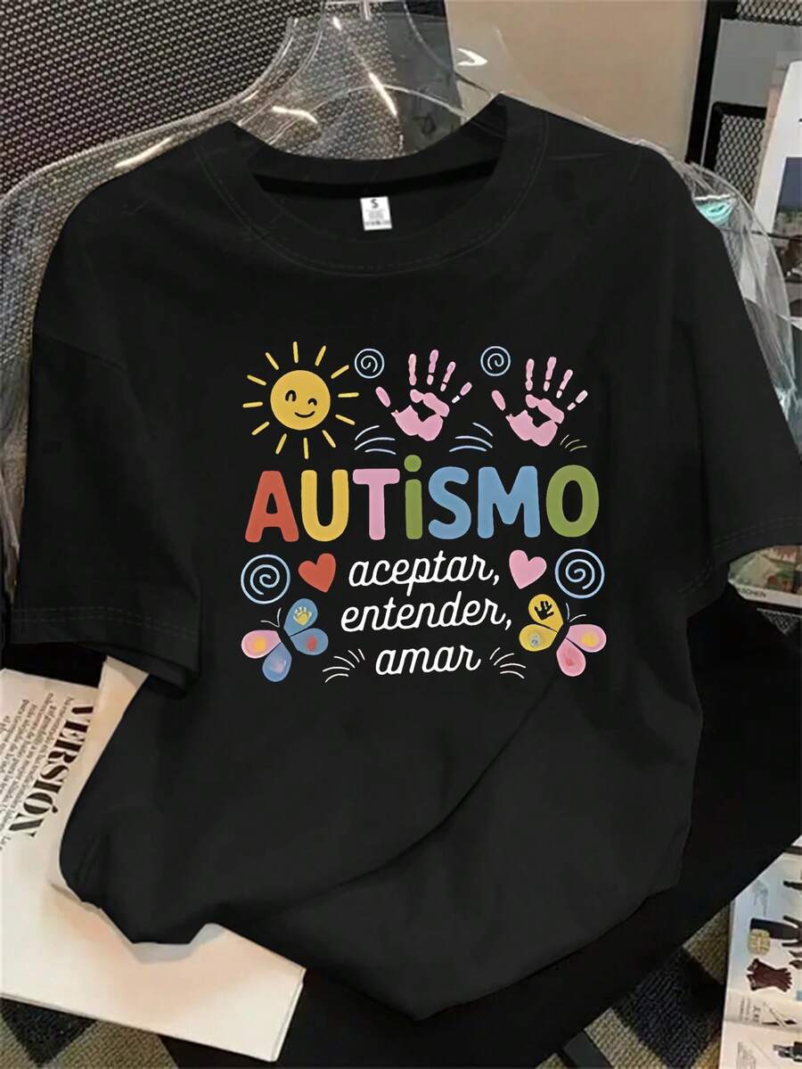 Camiseta de manga corta y cuello redondo para mujer con estampado de autismo y huellas de manos, apta para todas las estaciones. - Negro - Ver 1