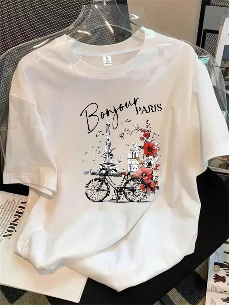Camisa de mujer de manga corta y cuello redondo con estampado floral de bicicleta y la Torre de Marfil de fondo, apta para todas las estaciones. - Blanco - Ver 1