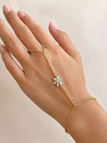 outingfit 1 pieza Pulsera con bucle para dedo con diseño floral, pulsera de alta gama con strass de moda europea y americana para mujeres - Dorado - Ver 1