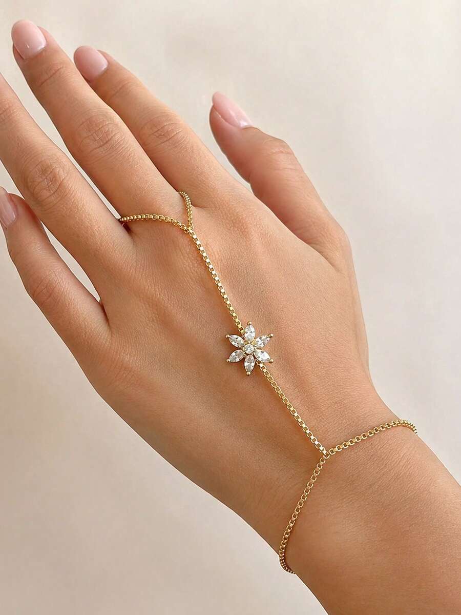 outingfit 1 pieza Pulsera con bucle para dedo con diseño floral, pulsera de alta gama con strass de moda europea y americana para mujeres - Dorado - Ver 1
