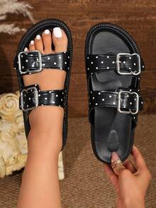 Polka Dot Double Buckle Platform Wedge Sandals, Women's Thick Bottom Casual Slip-On Slippers, Beach, Suitable For Daily Wear - Polka Dot Black - View 2