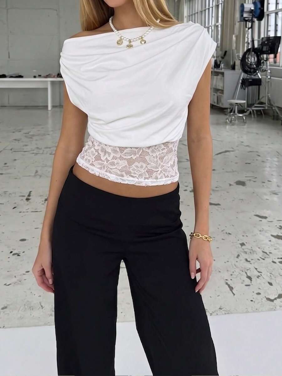 Áo croptop nữ gợi cảm thanh lịch phối ren trễ vai, áo thun croptop xếp ly trắng cho tiệc, du lịch và đi chơi - trắng - Xem 1
