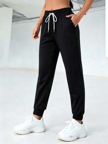 Straight-Leg Trousers With Elastic Waistband And Drawstring, Pleated, Solid Color, For Everyday Casual Wear, Spring/Summer - Black - View 1