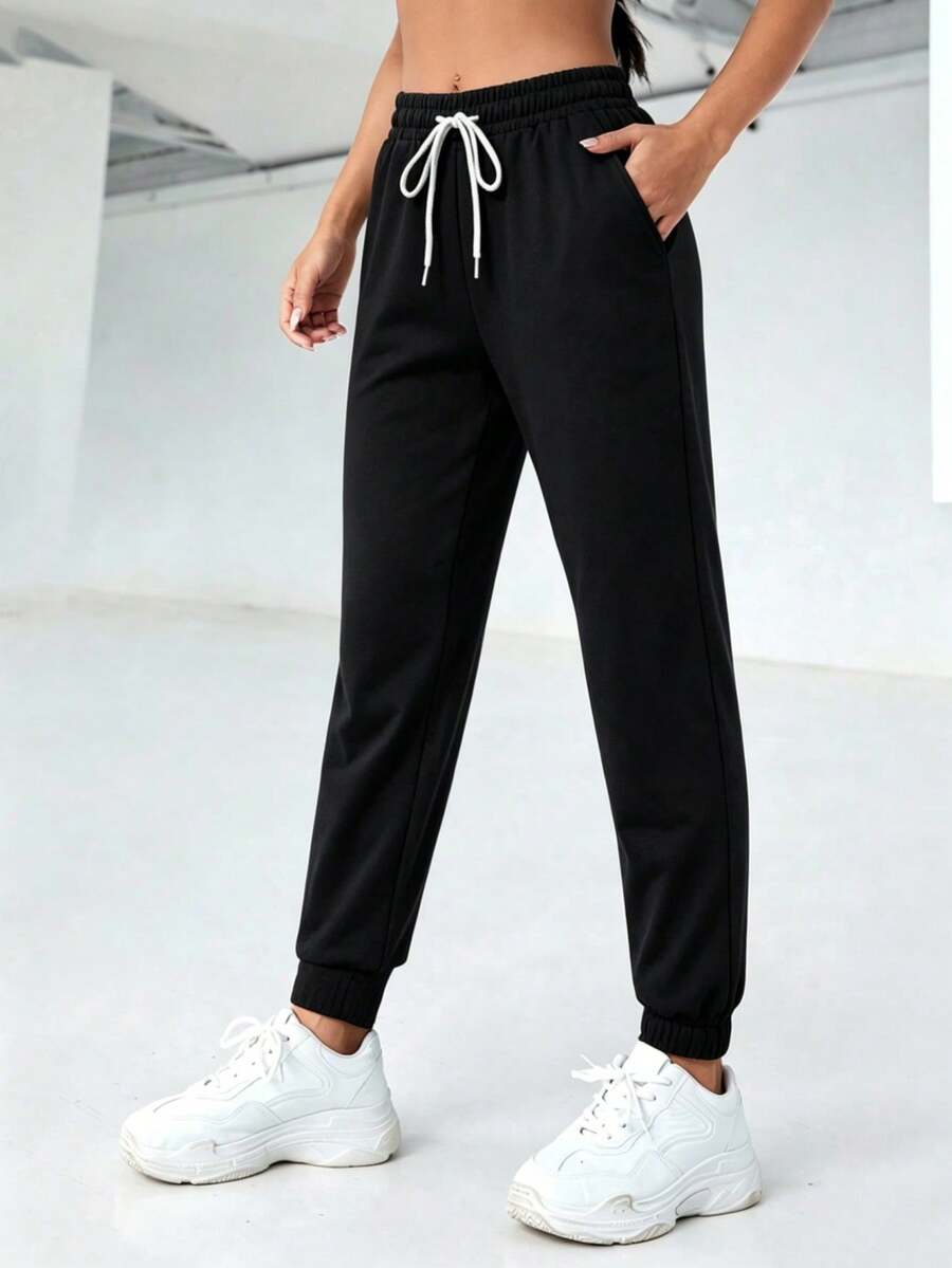 Straight-Leg Trousers With Elastic Waistband And Drawstring, Pleated, Solid Color, For Everyday Casual Wear, Spring/Summer - Black - View 1