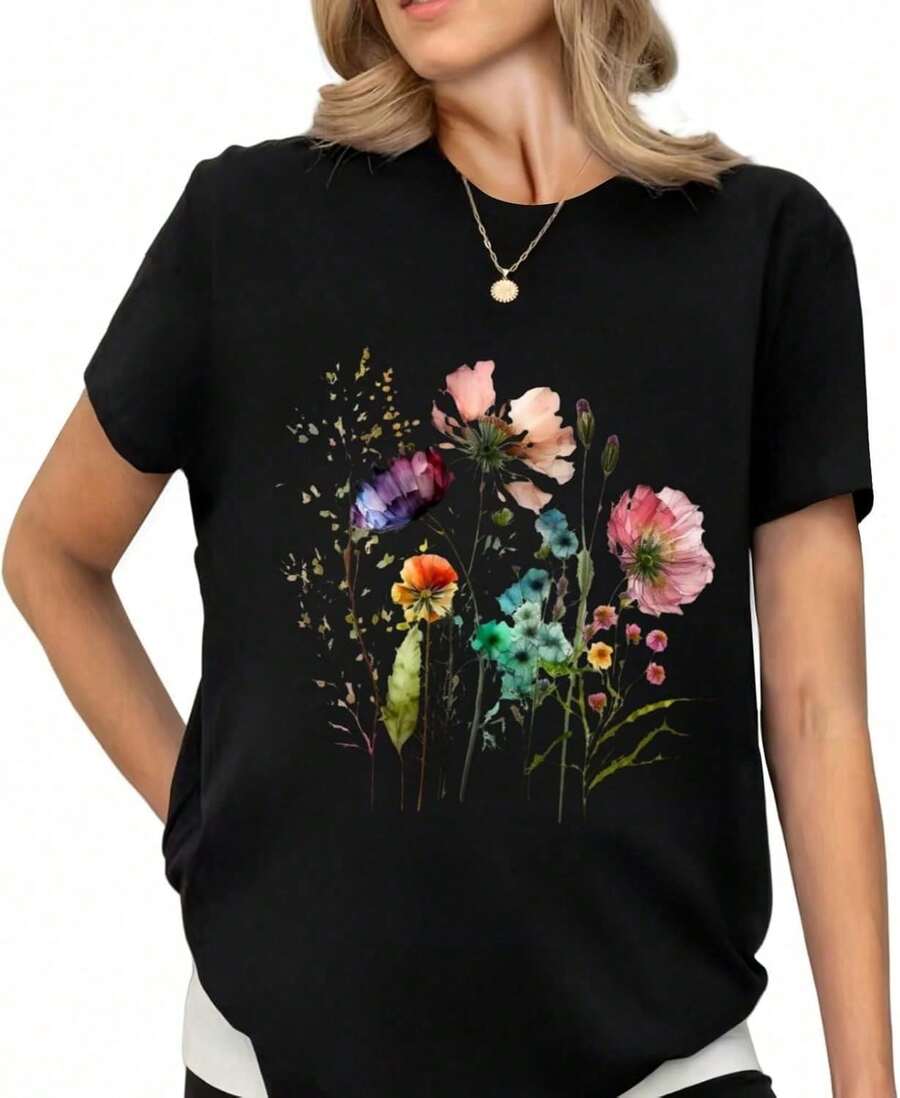 Women's Vintage Bohemian Floral Print T-Shirt, Short Sleeve Printed Blouse For Girls, Breathable And Comfortable. Pure Cotton T-Shirt, Soft And Comfortable To The Touch. - -16 - 查看 1