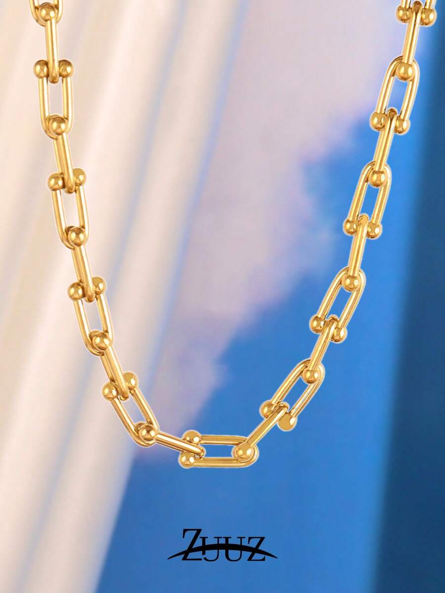 1 pièce Collier en acier inoxydable en forme de U pour femmes et hommes, collier chaîne épaisse simple plaqué or 18K, bijou de mode - collier - Voir 1