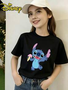 Disney Women's 2026 New Lilo & Stitch Stitch With Ice Cream Graphic Print Short Sleeve Crew Neck T-Shirt, Soft & Comfortable Casual Regular Fit Top For Everyday Wear - Black - View 1
