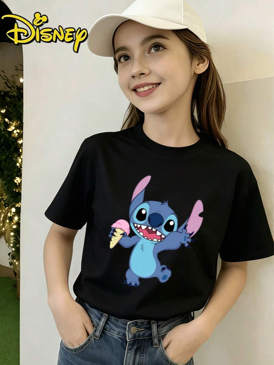 Disney Women's 2026 New Lilo & Stitch Stitch With Ice Cream Graphic Print Short Sleeve Crew Neck T-Shirt, Soft & Comfortable Casual Regular Fit Top For Everyday Wear - Black - View 1