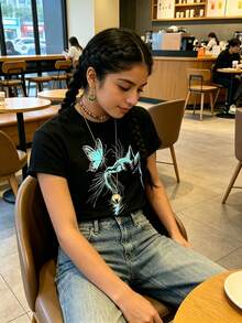Women's Casual Blouses, Women's Sets, Women's Tops. Women's T-Shirt With Creative Cat And Butterfly Print, Casual Clothing For Women, Regular Size - 黑色 - 查看 2