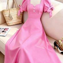 jianchaimaoyi02 Qadelle Vestido rosa de línea A con cintura ceñida, decoración de puño con botón de perla, manga con lazo, encantador, elegante, dulce y lindo, adecuado para uso diario, vacaciones, viajes, citas, estilo de calle francés, versátil y retro, vestido corto de manga corta de primavera/verano en color rosa - Rosa Pálido - Ver 8